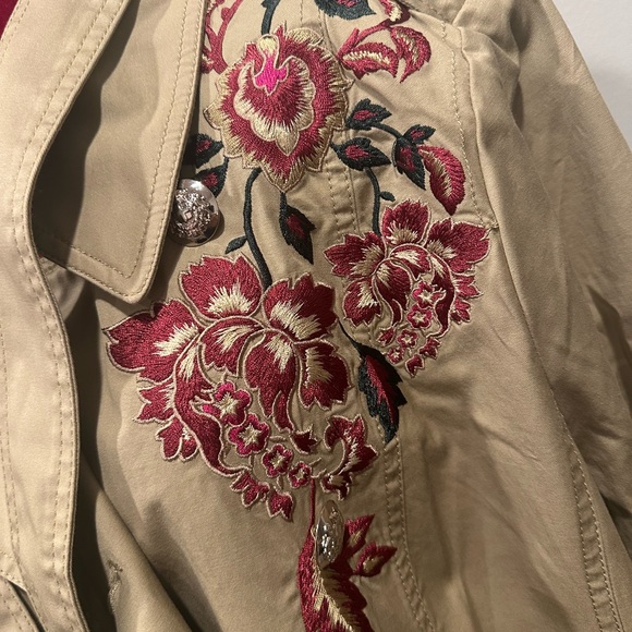 White House Black Market Tan Trench Coat with Red Floral Embroidery - Picture 2 of 5